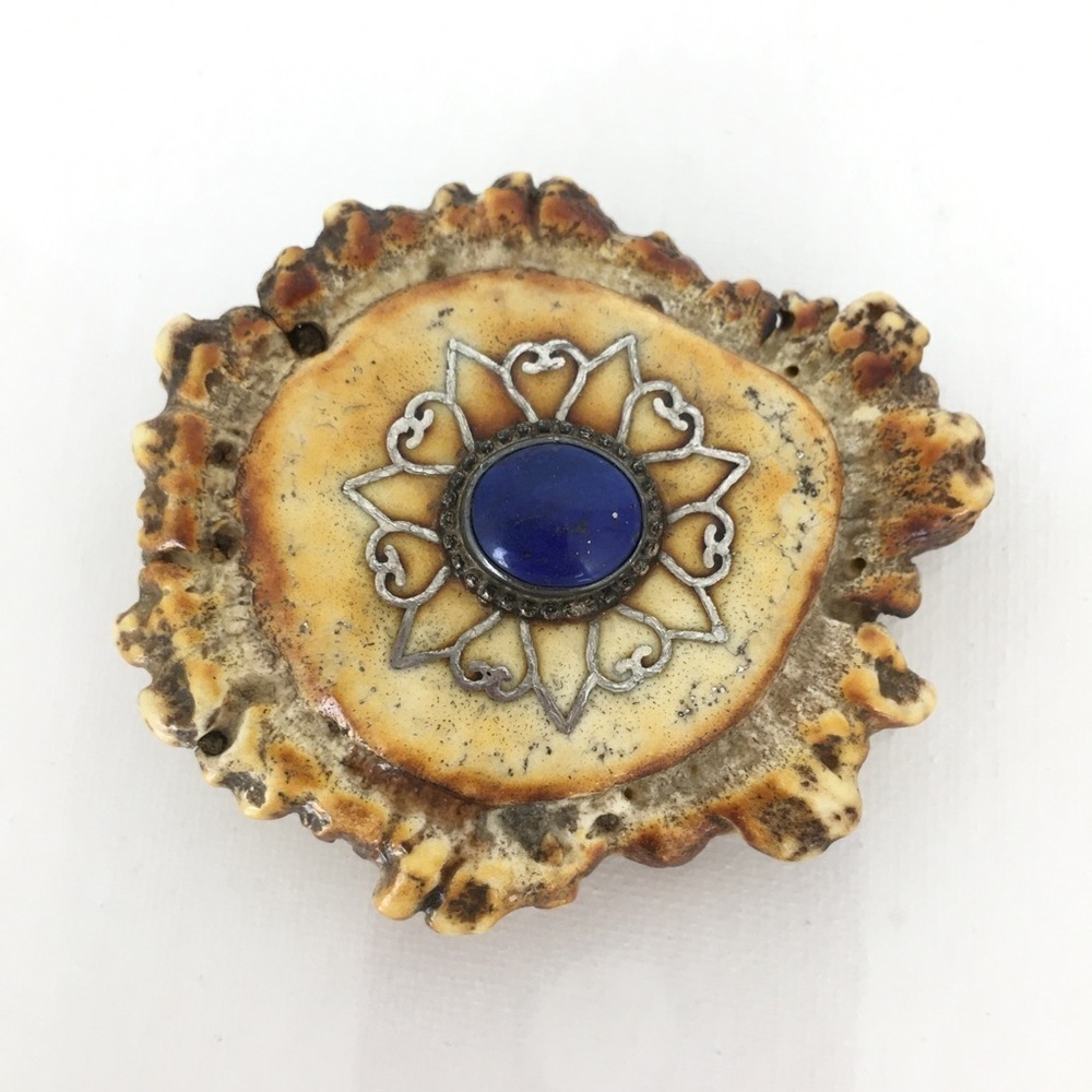 Vintage Handmade Western Antler Belt Buckle Blue Lapis Louise Signed Shanti